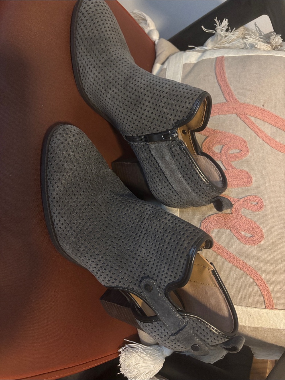 Gray Perforated Suede Ankle Booties